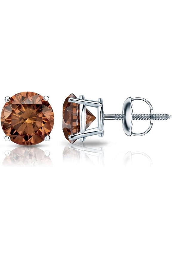 1.10 Ct Round Cut Brown Diamond Screw Back Stud Earring's 14K White Gold Plated 925 Sterling Silver For Women's
