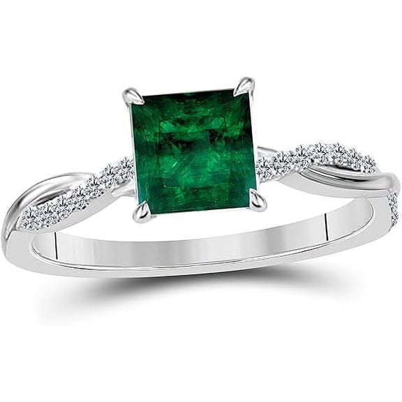 Zion Jewels 1.20 Ct Princess Cut Created Green Emerald 14K White Gold Finish Swirl Style Engagement Ring for Women's Girlfriend & Birthday Gift in