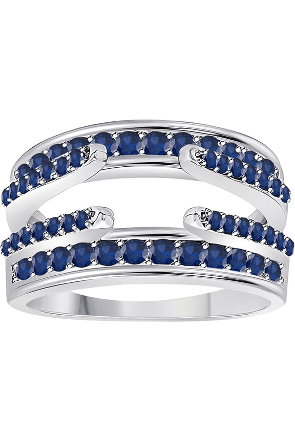 14k White Gold Plated Combination Curved Style Cathedral Wedding Ring Guard Enhancer with CZ Blue Sapphire (1.10 ct. tw.)