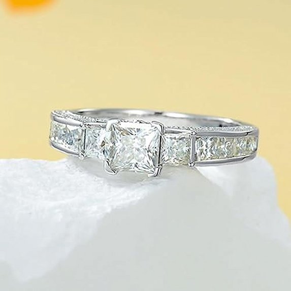 Zion Jewels 2.00CT Princess Cut Diamond 3 Stone Vintage Engagement Ring For Women, 14K White Gold Finish, Wedding & Promise Rings For Her