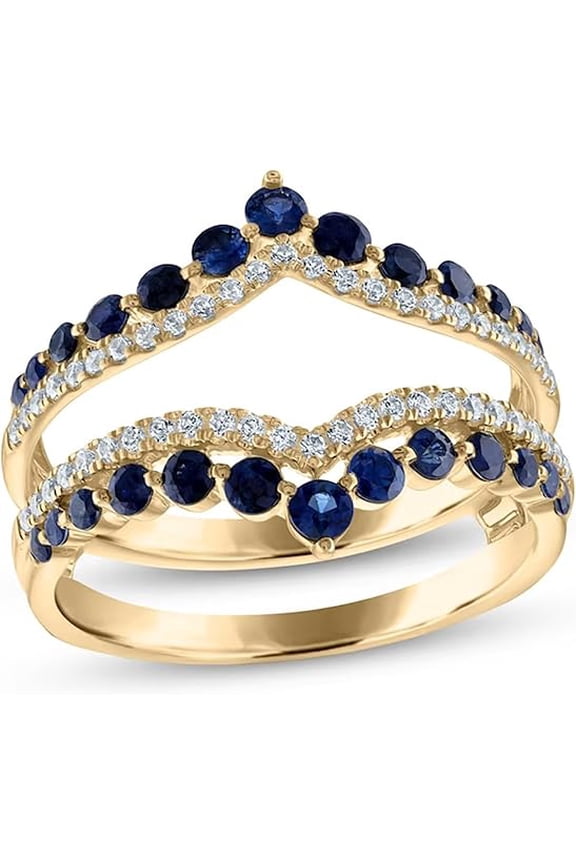 2.00CT Round Cut Blue Sapphire & Diamond Chevron Bridal Ring Enhancer Guard For Women | 14K Yellow Gold Finish