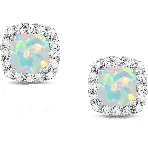 Zion Jewels 3.45Ct Square Cut Fire Opal Diamond Halo Stud Earrings 14K White Gold Plated 925 Sterling Silver Best Gift For Her