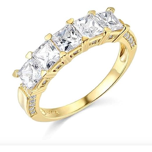 Zion Jewels 3Ct Princess Cut 5 Stone Lab-Created Diamond 14k Yellow Gold Plated 925 Sterling Silver Engagement Fancy Band Ring For Women.
