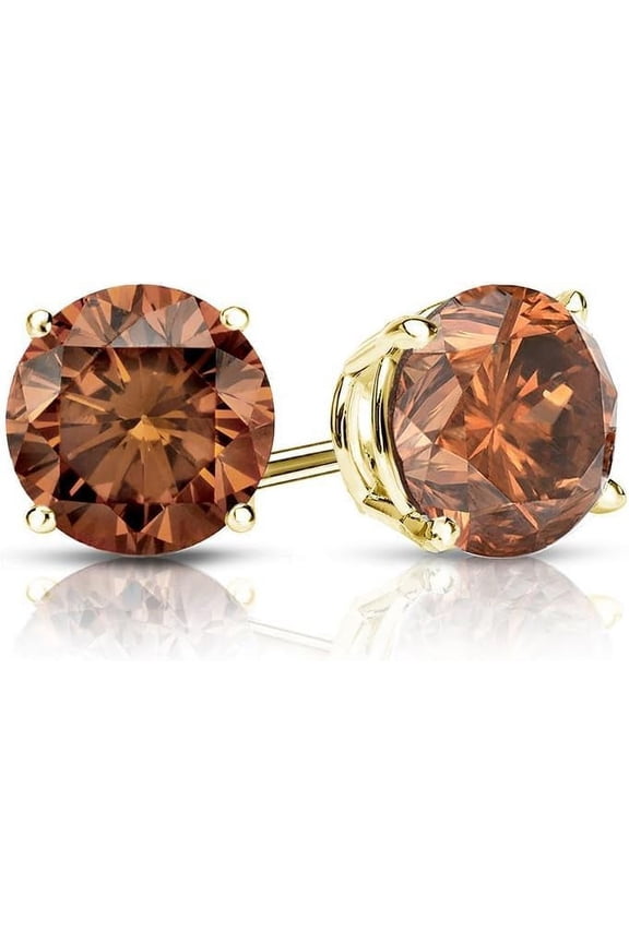 925 Sterling Silver 1.10 Ct Round Cut Brown Diamond Push Back Stud Earring's 14K Yellow Gold Plated For Women's