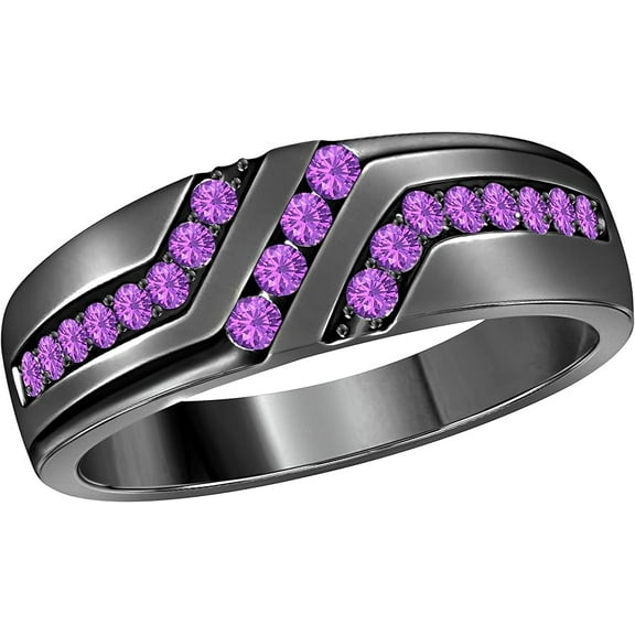 Zion Jewels Men's Wedding Anniversary Band Ring in 18k Black Rhodium Plated 925 Sterling Silver Lab Amethyst Size 6-14