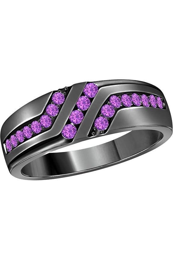Men's Wedding Anniversary Band Ring in 18k Black Rhodium Plated 925 Sterling Silver Lab Amethyst Size 6-14