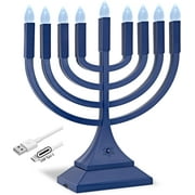 Zion Judaica 9" LED Hanukkah Menorah Blue Powered by Batteries or Included 3' USB C Cable Flameless Chanukkah Candles Holder LED Electric Minorah Bulbs Chanukah Decoration Lights Hanukkiah
