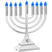 Zion Judaica 9" LED Hanukkah Menorah Silver Powered by Batteries or USB Type C Cable Flameless Chanukkah Candleholder USB Electric Minorah Bulbs Chanukah Decoration Lights Hanukkiah