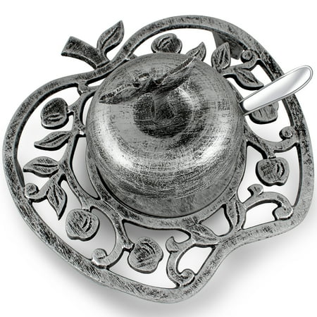 Zion Judaica Apple Shaped Antique Silver and Glass Bowl 4 Piece Honey Dish for Rosh Hashana, Holiday Judaica Gift Pesach Seder Decorations Charoset Dish or Salt Water Plate Use