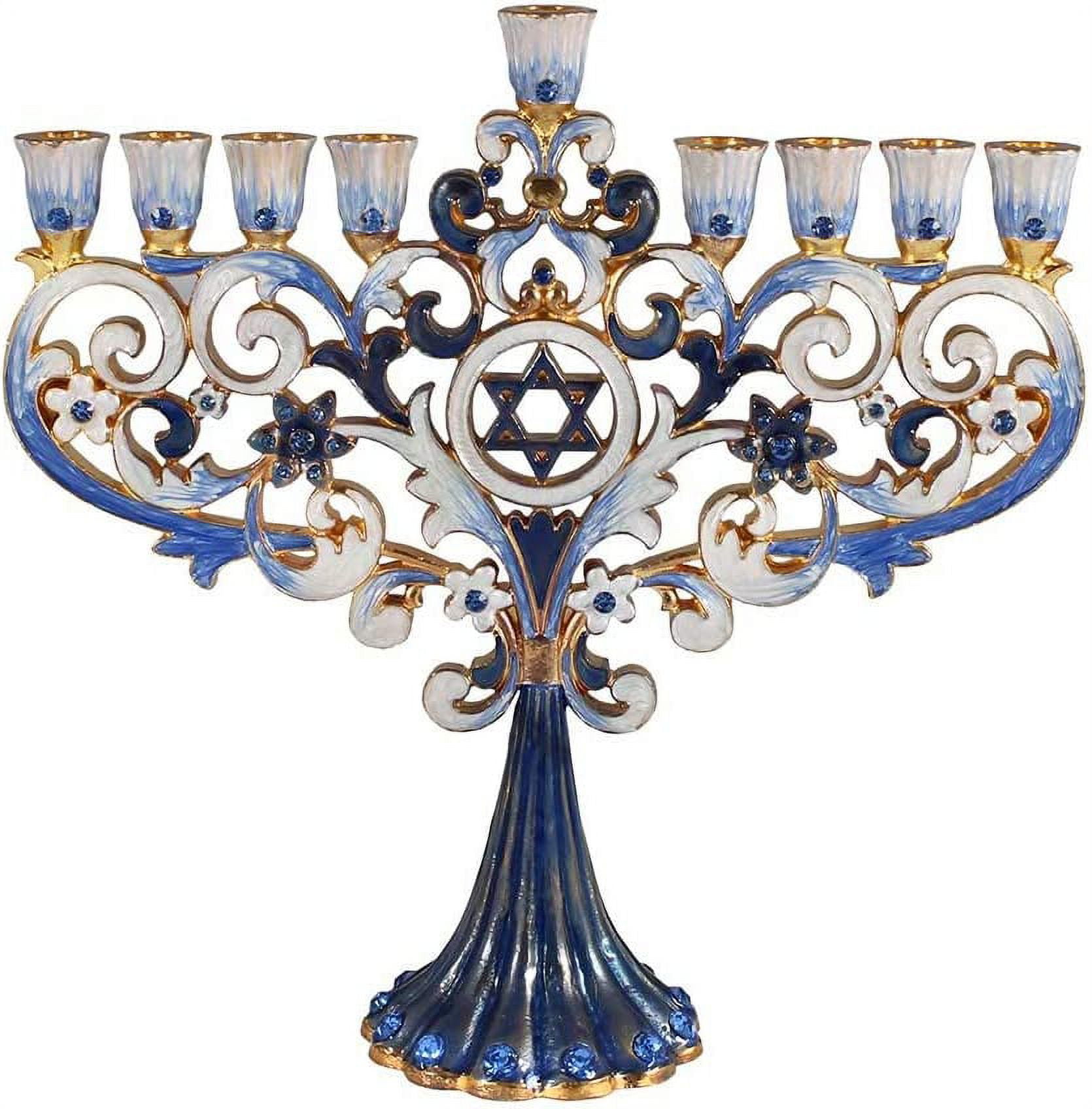 Zion Judaica Artistic Chanukah Candle Menorah Elegantly Jeweled and Gold Plated Tree Fleur De Lis Menora for Hanukkah Fits Standard Chanukkah Candles (Classic Blue) in Elegant Gift Box