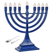 Zion Judaica Blue Electronic Hanukkah Menorah Powered by Batteries or USB 4' Cable Included Flameless Chanukkah Candles Holder LED Electric Minorah Bulbs Chanukah Decorations Lights