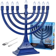 Zion Judaica Blue LED Hanukkah Menorah Battery or USB Powered 4 Cable Included Flameless Chanukkah Candles Holder LED Electric Minorah Bulbs Chanukah Decorations Lights