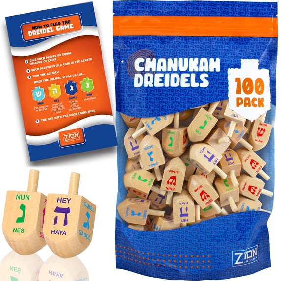 Zion Judaica Bulk Pack Wood Dreidels Medium Bulk-Pack Wooden Hanukkah Dreidles in Ziplock Bag Chanukah Fun Game Hanukah Spinning Tops (100 Pack)