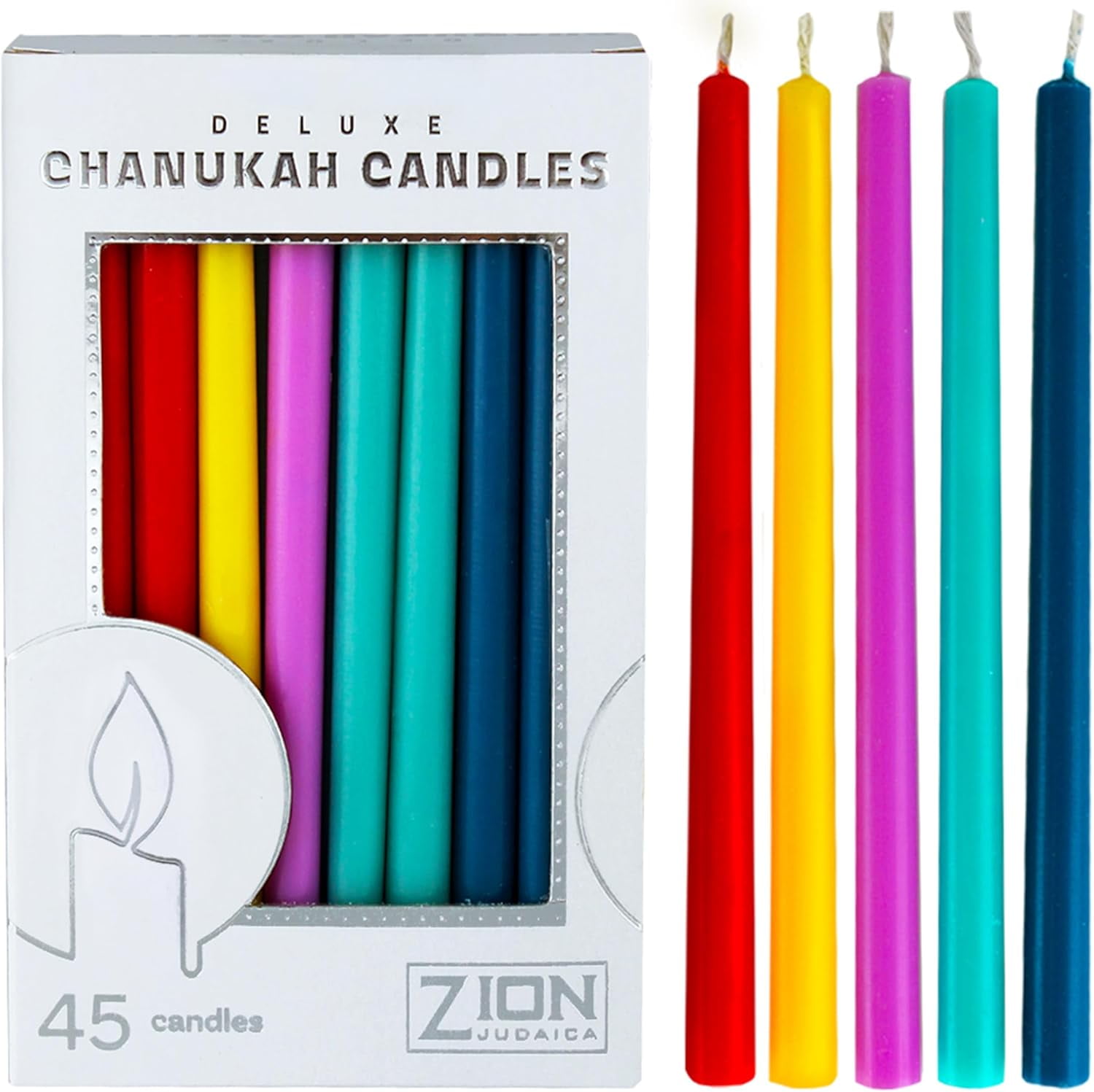 Zion Judaica Color Block Chanukah Candles Box of 45 Primary Colors Thin Tapered Quality Wax Hanukkah Menorah Candles with Prayer Card & DIY Dreidel Fits Most Menorahs
