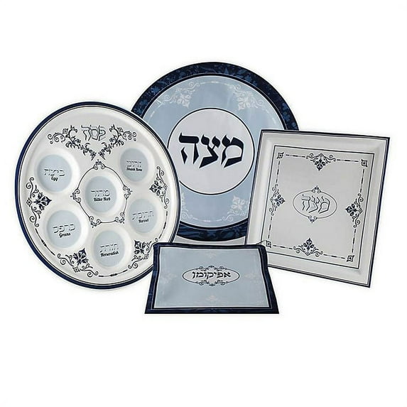 Zion Judaica Renaissance Collection 4 piece Passover Seder set with ceramic plate, matzo plate, matzah cover, and afikoman bag in white and blue