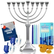 Zion Judaica Complete Traditional Grace Menorah Satin Hanukkah Menorah with Accessories, Silver