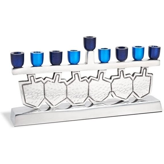 Zion Judaica Dancing Dreidels Menorah with Multi-Blue Anodized Candle Cups - Fits Standard Hanukkah Candles - Exciting Driedels Designed Candle Minorah Perfect for Chanukah - Hannukah Decorations
