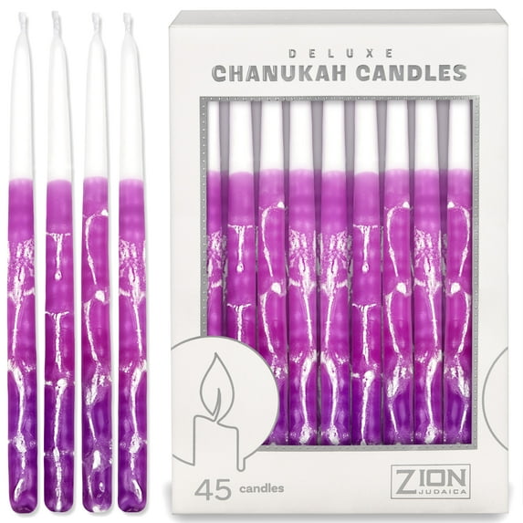Zion Judaica Deluxe Chanukah Candles for Girls Set of 45 Premium Decorative Purple Elegance Hanukkah Candles for Menorah, Includes DIY Dreidel, Prayer Card