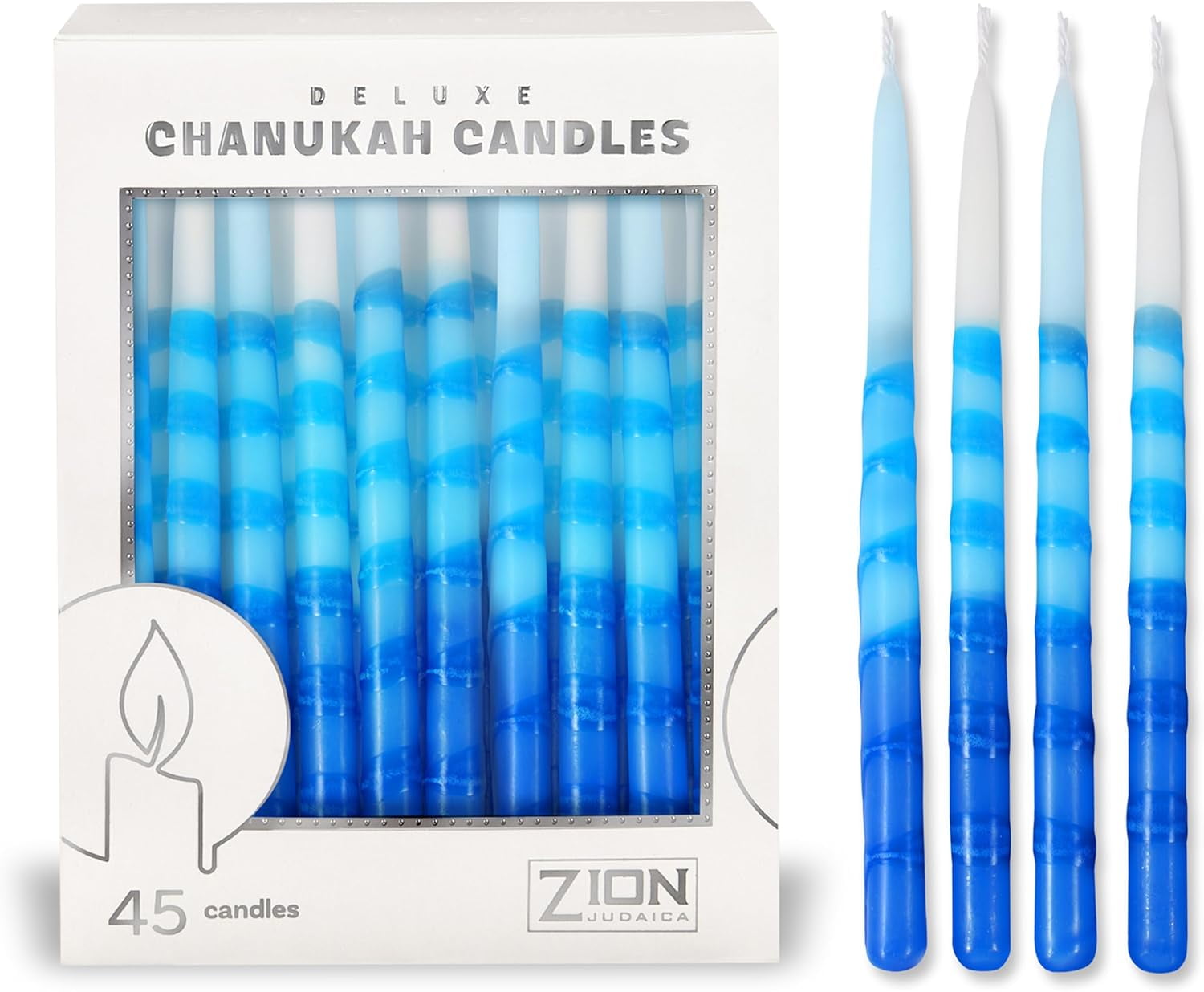 Zion Judaica Deluxe Chanukah Candles Set of 45 Ombre Blue and White Hanukkah Menorah Candles with DIY Dreidel and Candle Lighting Blessings Card