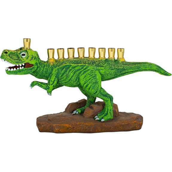 Zion Judaica Green Dinosaur Menorah Polyresin with Brass Cups Functional Kids Dino Candle Menorah Fits Standard Chanukah Candles Collectible Kids Menorah