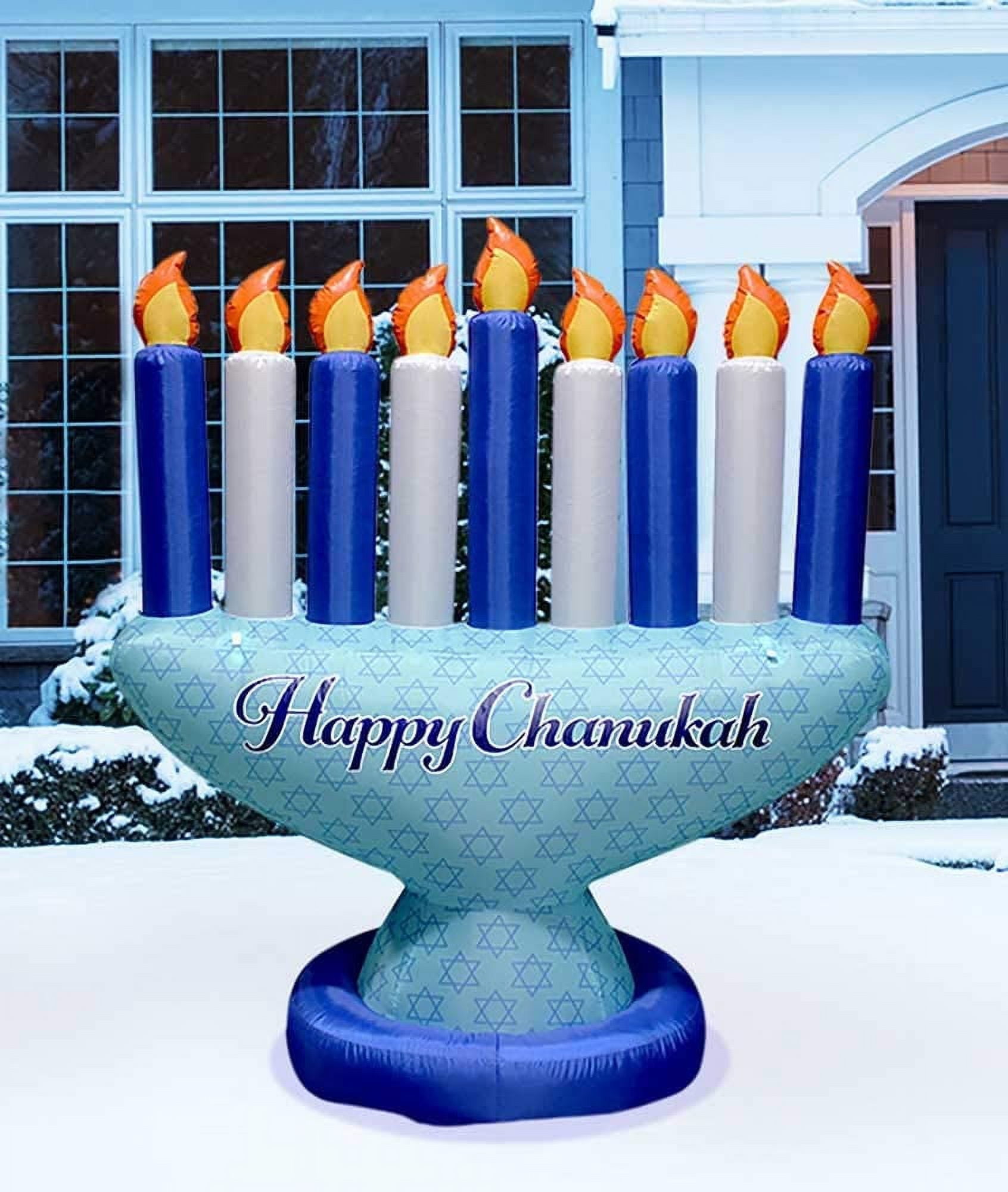Zion Judaica Inflatable Hanukkah Yard Decorations 7' ft Tall Menorah Multi-Blue - Hanukah Indoor/Outdoor Lighted Decoration LED - with Powerful Air Fan, Tie-Down Stakes - Chanukah Lawn Dcor Blowup