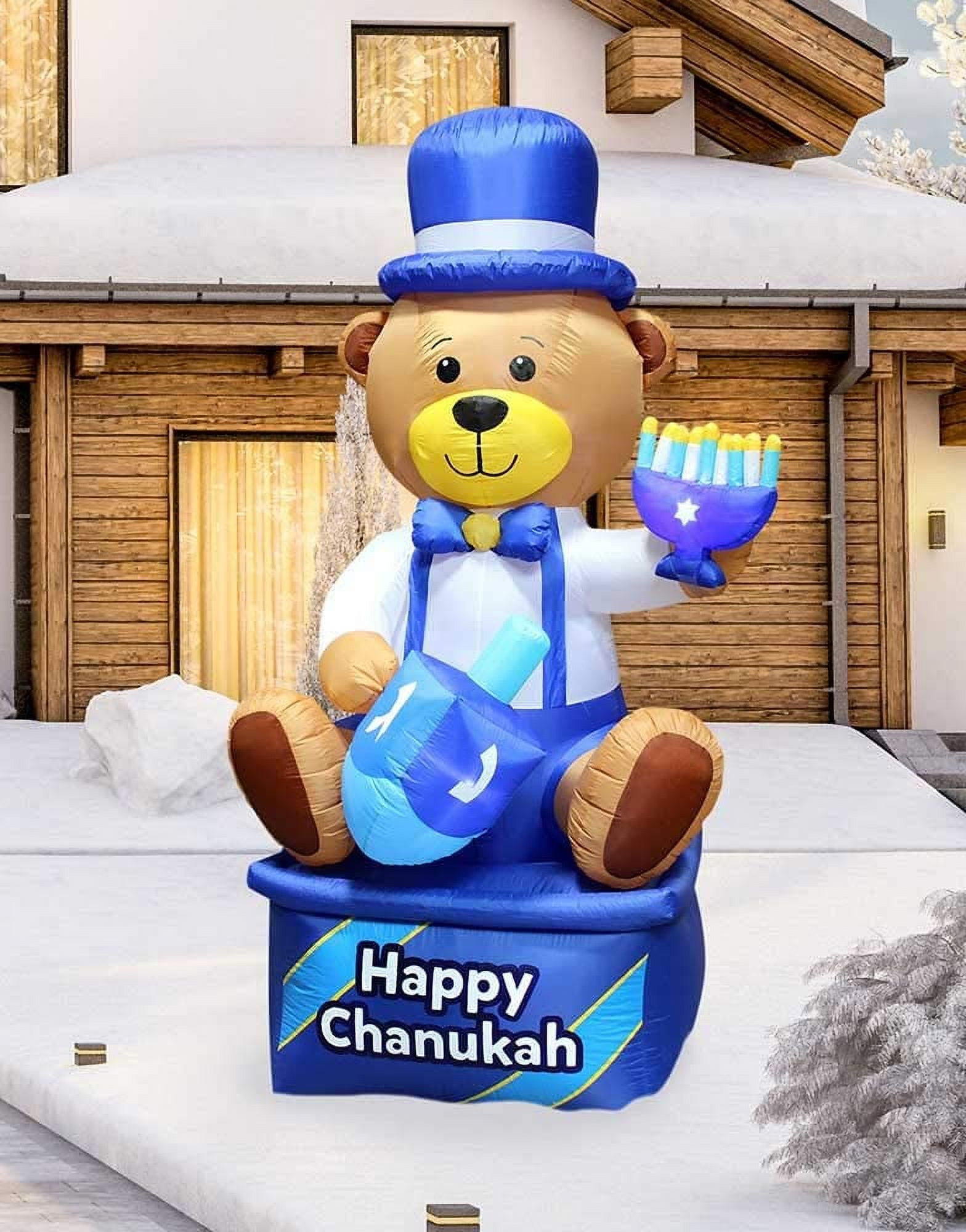 Zion Judaica Inflatable Hanukkah Yard Decorations 8' Bear Multi Blue Hanukah Indoor or Outdoor Lighted Decoration Built-in LED Lights Includes Air Blower Tie-down Stakes Chanukah Lawn Dcor Blowup