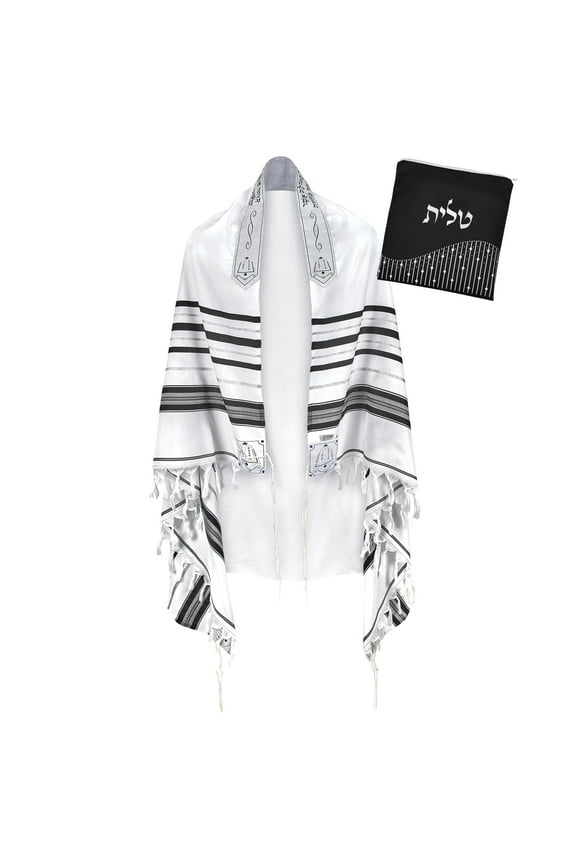 Kosher Tallit Prayer Shawl Extra Large 47" x 67" Acrylic Talis Black and Silver Striped Taleet and Tzitzit Black Tallis Bag Set Mens Kosher Talit Gadol Certified Tzitzis Jewish Talis Uni