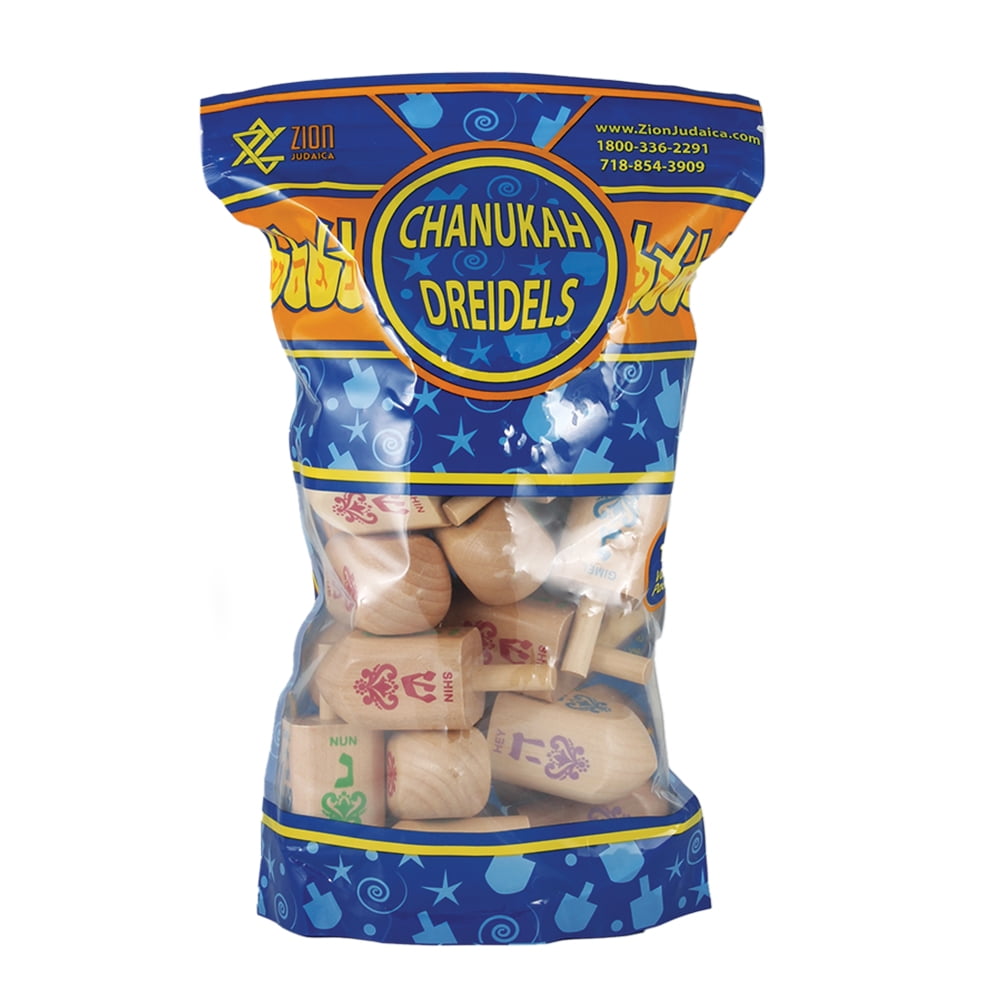 Zion Judaica Large Wood Dreidels Hanukkah Toy Bulk Pack Ziplock Bag 3" Wooden Driedels Natural Wood Spinning Top Dreidlech w/ Hebrew Letters & English Transliteration Traditional Chanukah Game 25-PK