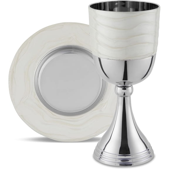 Zion Judaica Luxurious Passover Kiddush Cup Set in Gift Box Polished Nickel Plated Elegant White Enamel Wine Goblet 5.75" Wine Cup with Matching Tray Stunning Décor for Seder, Shabbos, Yom Tov