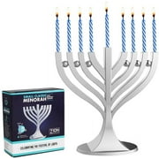 Zion Judaica Mini Classic Menorah with Mini Birthday Size Hanukkah Candles - Satin Silver Small Travel Minorah with 44 Blue and White Spiral Chanukah Candles - On The Go Hanukkiah Cute Hanukkah Gift