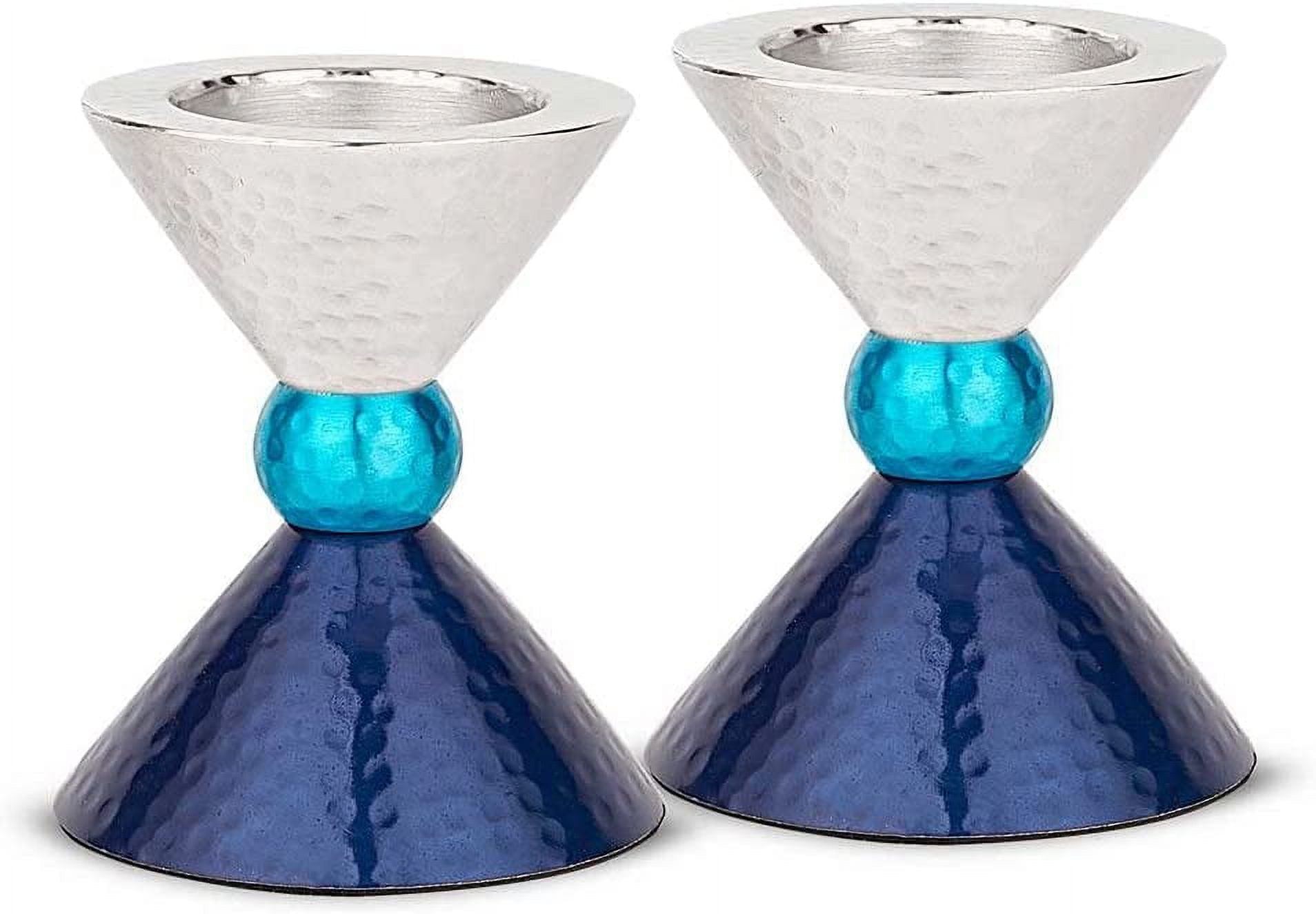 Multi-Blue and Silver Anodized Metal Tealight and Shabbat Candlestick Holders