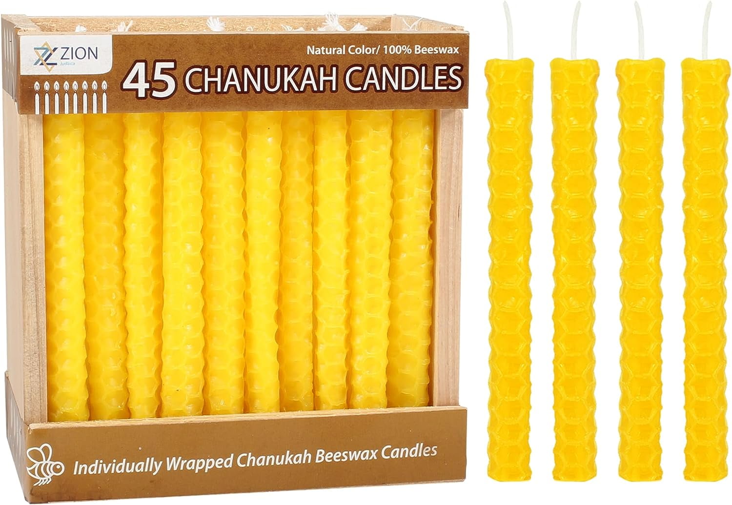 Zion Judaica Natural Beeswax Hanukkah Candles Set In A Wooden Crate