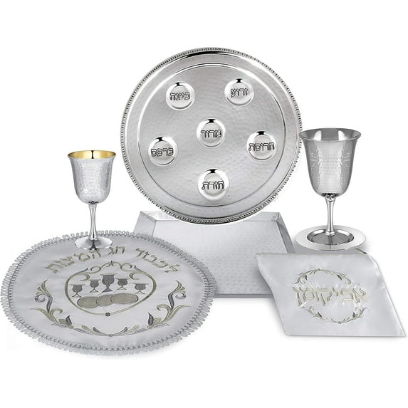 Zion Judaica Passover Hammered Vienna Collection Complete Set, Includes Seder Plate, Matzah Tray, Elijah Cup with Coaster, Kiddush Cup, Round Matzah Cover & Afikomen Bag