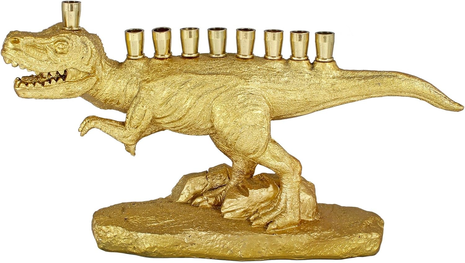 Zion Judaica Polyresin Dinosaur Hanukkah Menorah (Gold) with Brass Cups