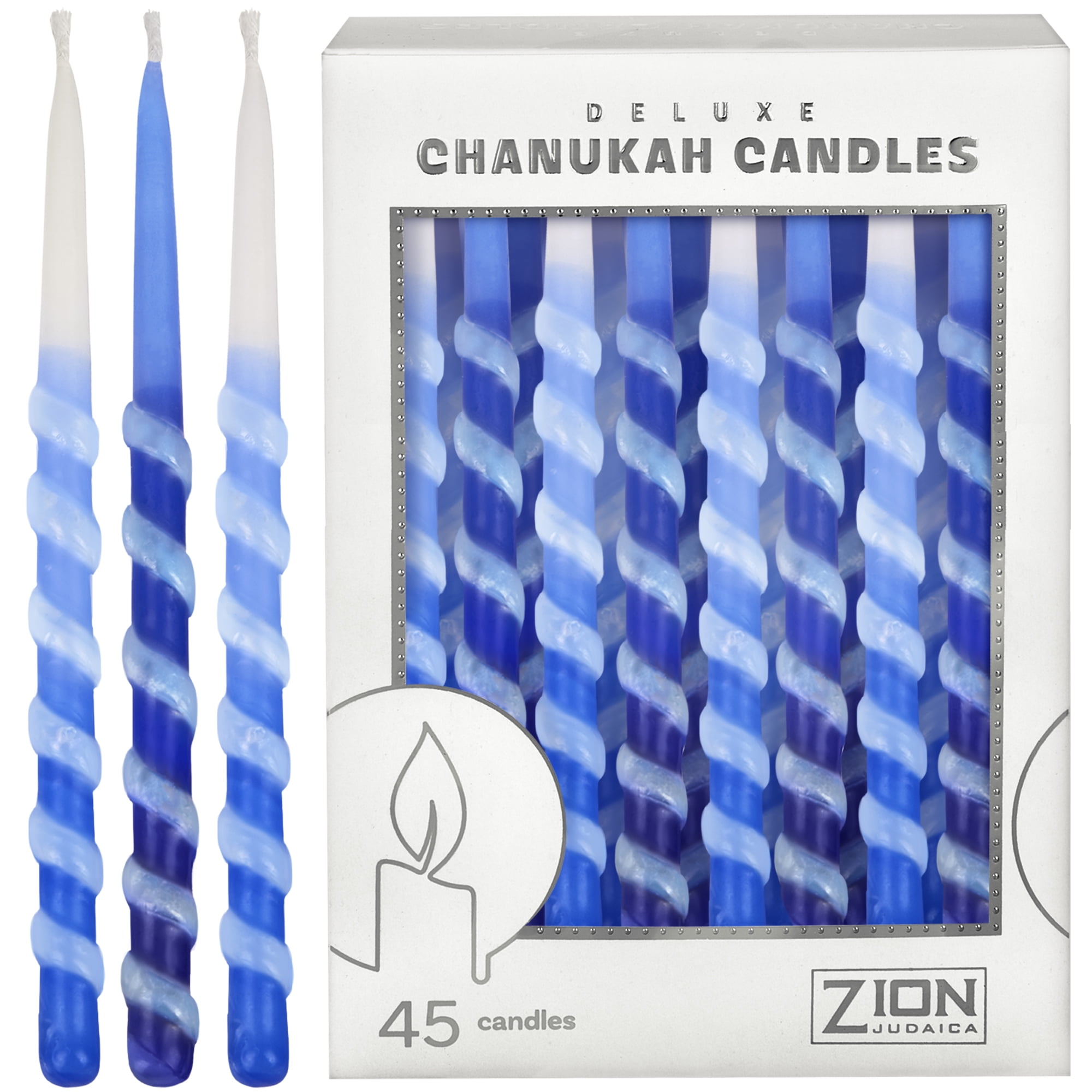 Premium Drip less Hand Made Decorated Hanukkah Candles Set of 45 Blue Shades Spiral Menorah Candles with Prayer Card and DIY Dreidel, Enough for Eight Nights of Chanukah