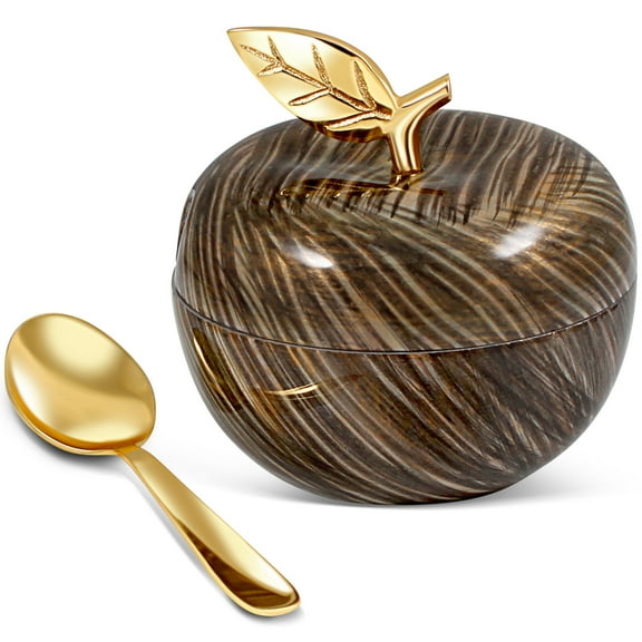 Zion Judaica Rosh Hashanah Apple Shaped Honey Jar Dish with Spoon for Apple Dipping Elegant Honey Pot Nickel Plated with Permanent Design Decal Jewish New Years Decorations