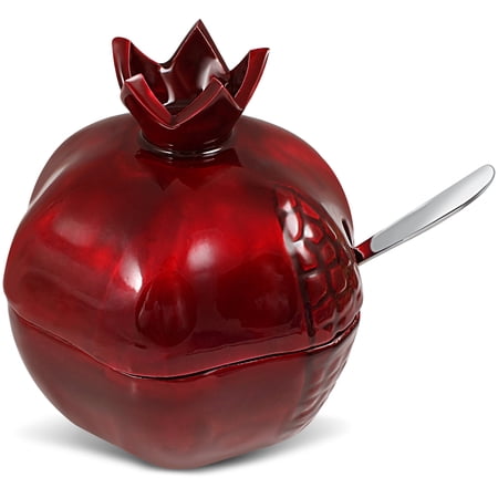 Zion Judaica Rosh Hashanah Honey Jar Pomegranate Shaped Honey Dish with Spoon Vibrant Red Enamel Coating Haroset Plate for Passover Seder Jewish New Year Gift Artistic Honey Pot Table Decor