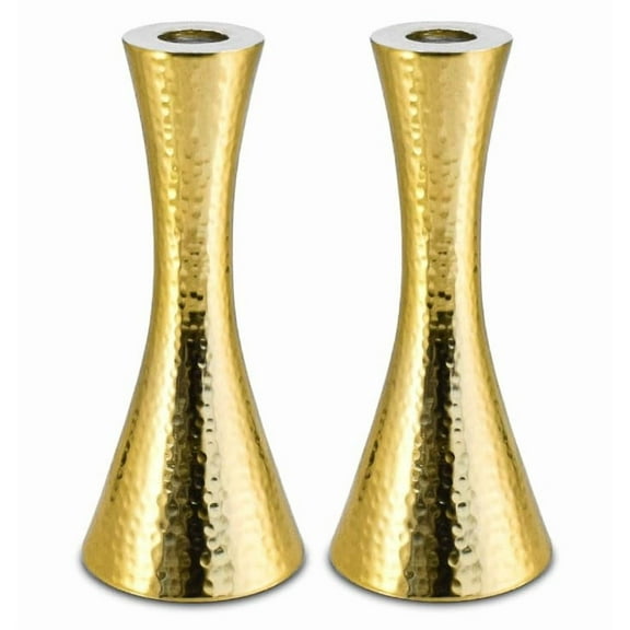 Zion Judaica Shabbos Candle Holder Set of 2 Modern Gold Hammered Metal Candlesticks Fits Thick Tapered Candles 7/8" and Shabbat Candles Passover Seder Decorative Candleholders Set