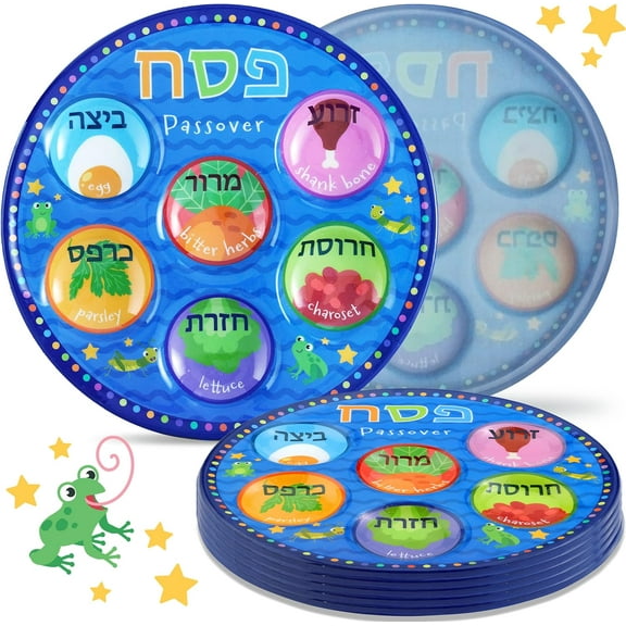 Zion Judaica Vibrant Colors Disposable Childrens Passover Seder Plates in Bulk 10" Quality Plastic Colorful Pesach Seder Plate for Kids Marked with Traditional Seder Food Specialty Dishware  6-Pack