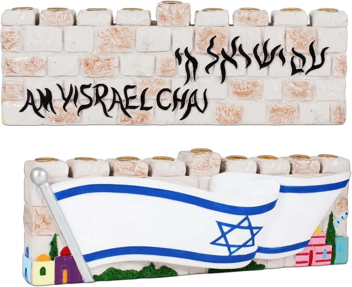 Zion Judaica Western Wall Design with Israeli Flag Hanukkah Menorah Resin Inscripted Am Yisrael Chai Menora 10 Symbolic Hanukkiah Judaica Art Kotel Stones Chanukiah Fits Standard Chanukah Candles