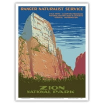 Zion National Park - Great White Throne Mountain - Ranger Naturalist Service - Vintage Travel Poster by Work Projects Administration (WPA) c.1938 - Master Art Print (Unframed) 9in x 12in