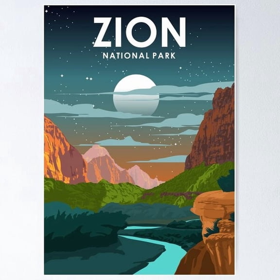 Zion National Park Night Sky Stars Vintage Travel Poster Poster , Poster Print Only
