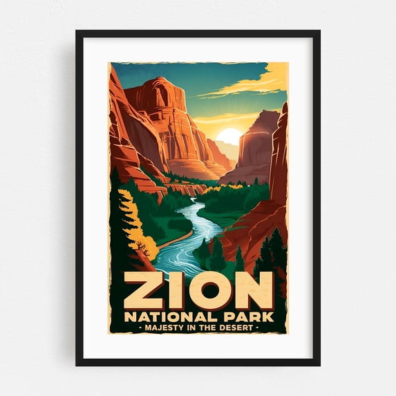 Zion National Park Poster: A Vintage Canyon Scene - Utah Illustration Travel Poster Vintage Poster Landscape Desert Nature Scenic Autumn Black Framed Wall Art Print 5 x 7 inches