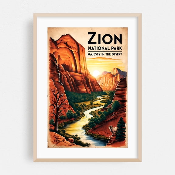 Zion National Park: Timeless Beauty in a Vintage Design - Utah Illustration Vintage Poster Travel Poster Desert Wilderness Wildlife Scenic Oak Framed Wall Art Print 5 x 7 inches