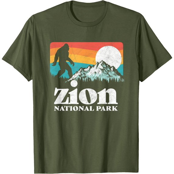 Zion National Park Utah Bigfoot Mountains Unisex T-Shirt for Men Women Kids Toddler,Military Green Color,Size 5XL