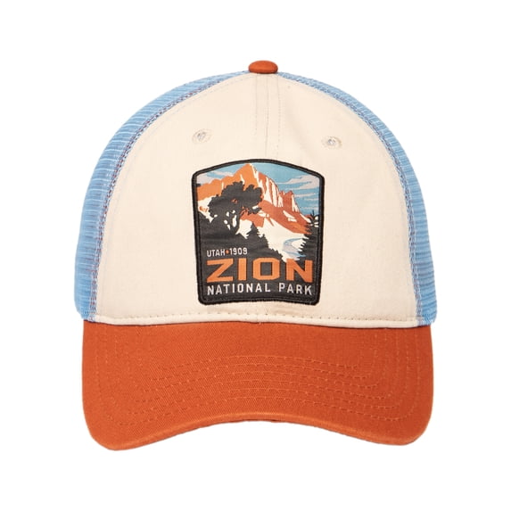 Zion National Park Utah Men's Retro Vintage 1909 Stitch Patch Trucker Hat Cap (Cream/Blue/Burnt Orange)