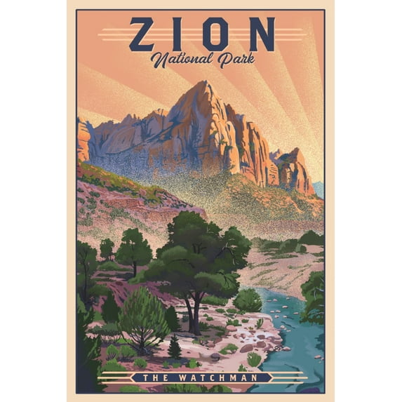 Zion National Park, Utah, The Watchman, Lithograph National Park Series (24x36 Giclee Gallery Art Print, Vivid Textured Wall Decor)