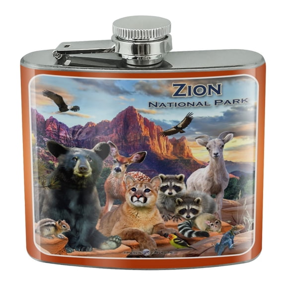Zion National Park Utah UT Animals Cougar Bear Deer Raccoons Stainless Steel 5oz Hip Drink Kidney Flask