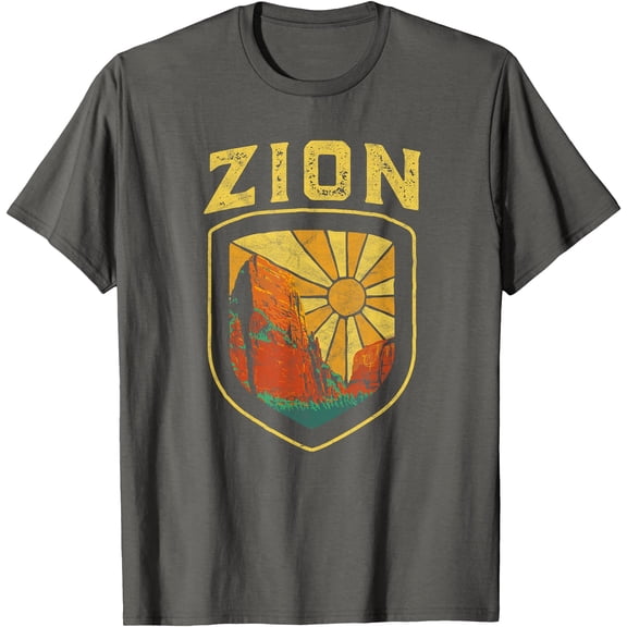 Zion National Park Vintage Badge Retro Distressed 80's Unisex T-Shirt for Men Women Kids Toddler,Charcoal Color,Size 3XL