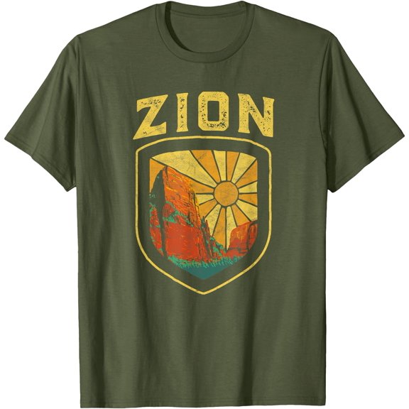 Zion National Park Vintage Badge Retro Distressed 80's Unisex T-Shirt for Men Women Kids Toddler,Military Green Color,Size M